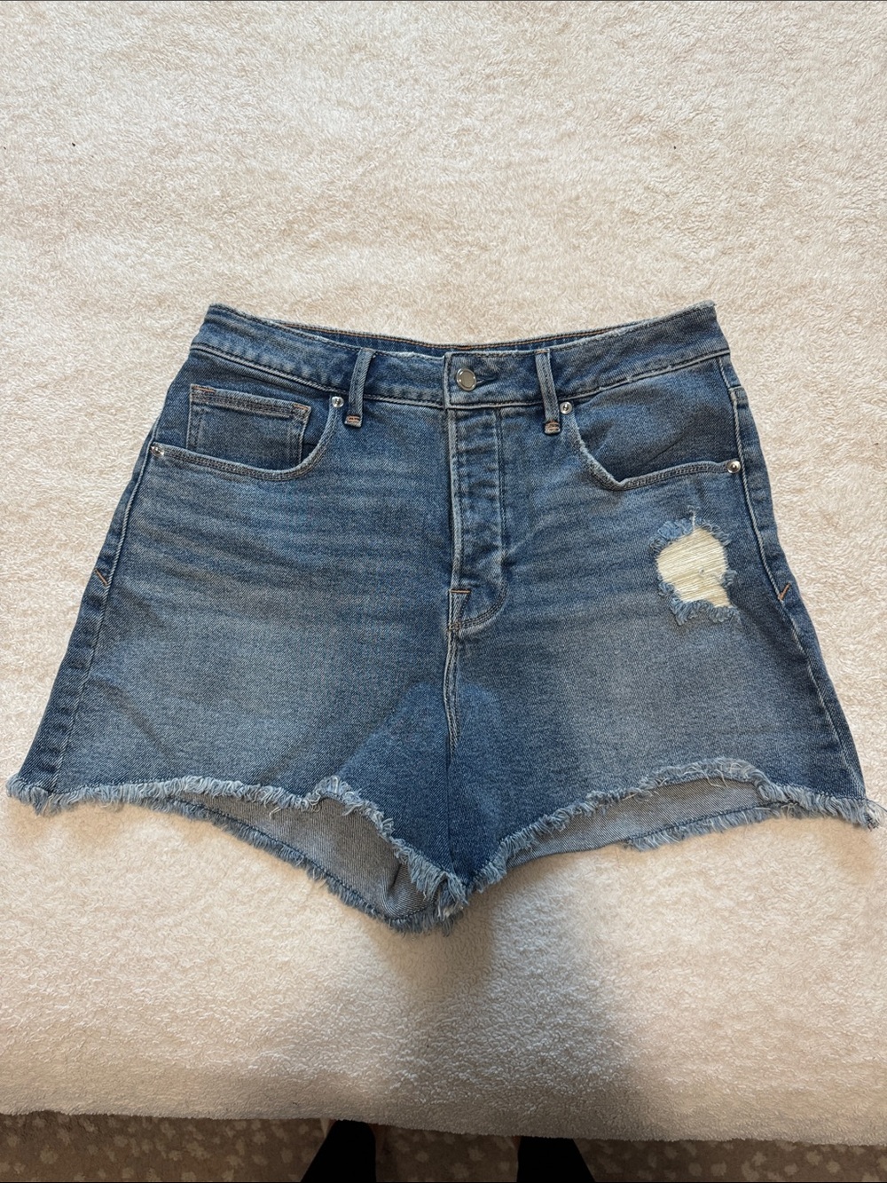 Good American The Bombshell High Waist Cutoff Petal Hem Denim Shorts